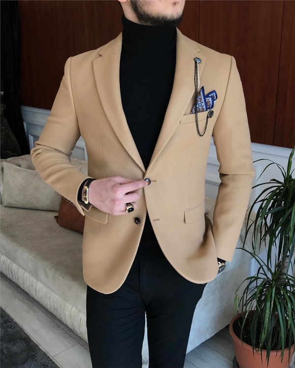 İtalyan stil slim fit erkek kaşe mono yaka tek ceket Bal Köpüğü T6852 · 2