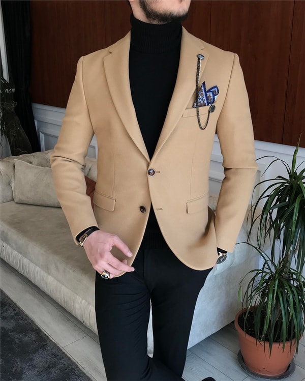 İtalyan stil slim fit erkek kaşe mono yaka tek ceket Bal Köpüğü T6852