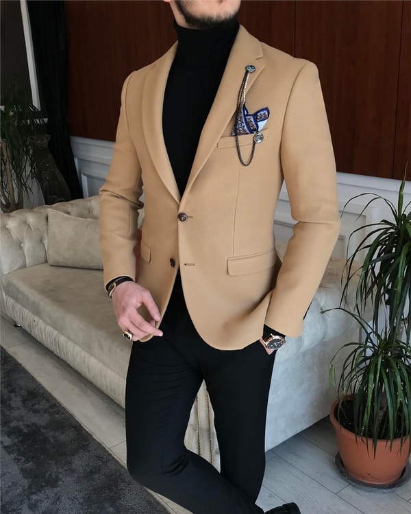 İtalyan stil slim fit erkek kaşe mono yaka tek ceket Bal Köpüğü T6852 · 3