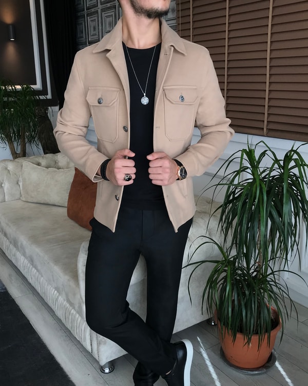 İtalyan stil slim fit erkek kaşe mont ceket bej T6270 · 5
