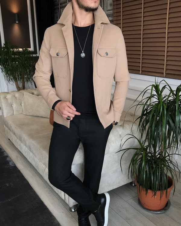 İtalyan stil slim fit erkek kaşe mont ceket bej T6270 · 4