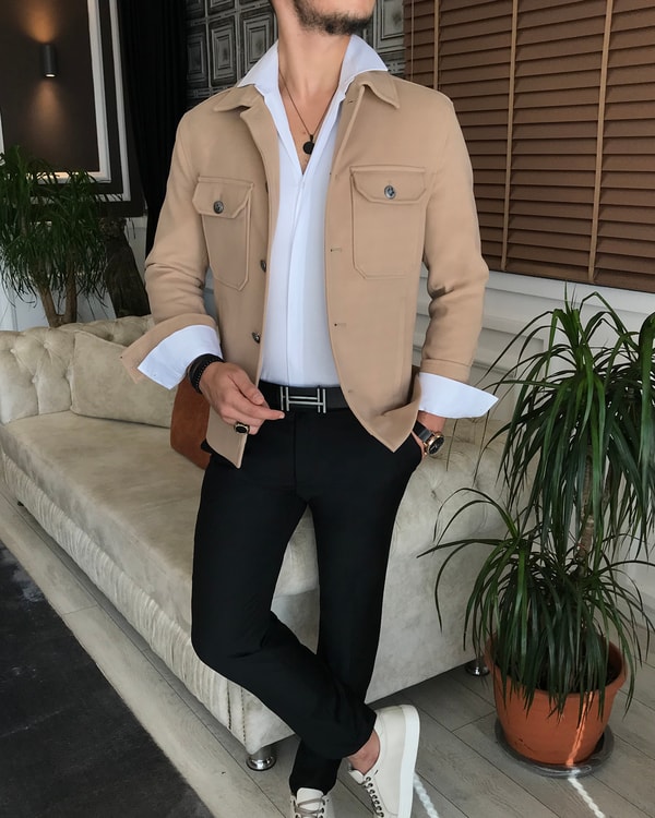 İtalyan stil slim fit erkek kaşe mont ceket bej T6270 · 2