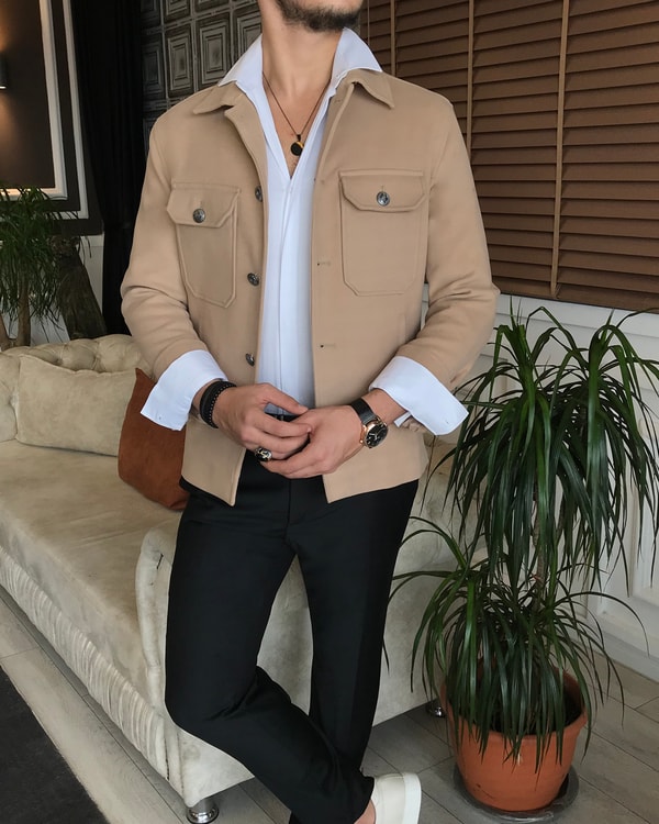 İtalyan stil slim fit erkek kaşe mont ceket bej T6270 · 3