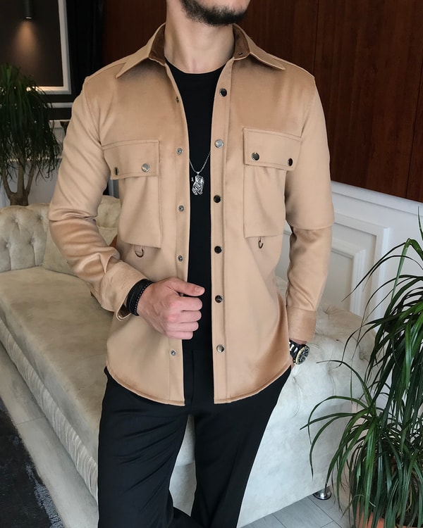 italyan stil slim fit erkek kışlık gömlek Camel T6457 · 2