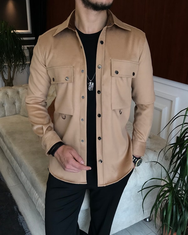 italyan stil slim fit erkek kışlık gömlek Camel T6457