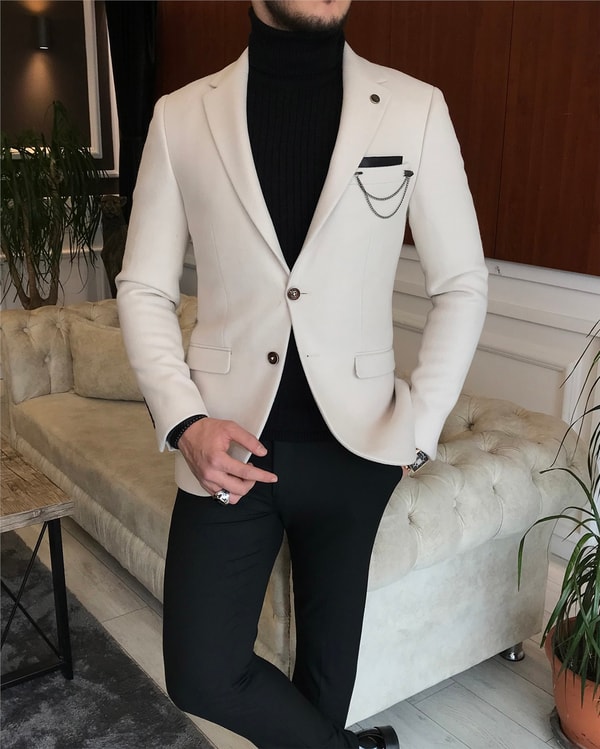 İtalyan stil slim fit erkek kışlık mono yaka tek ceket Bej T6477