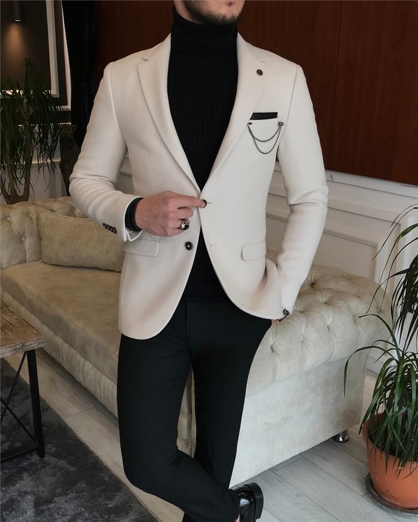 İtalyan stil slim fit erkek kışlık mono yaka tek ceket Bej T6477 · 2