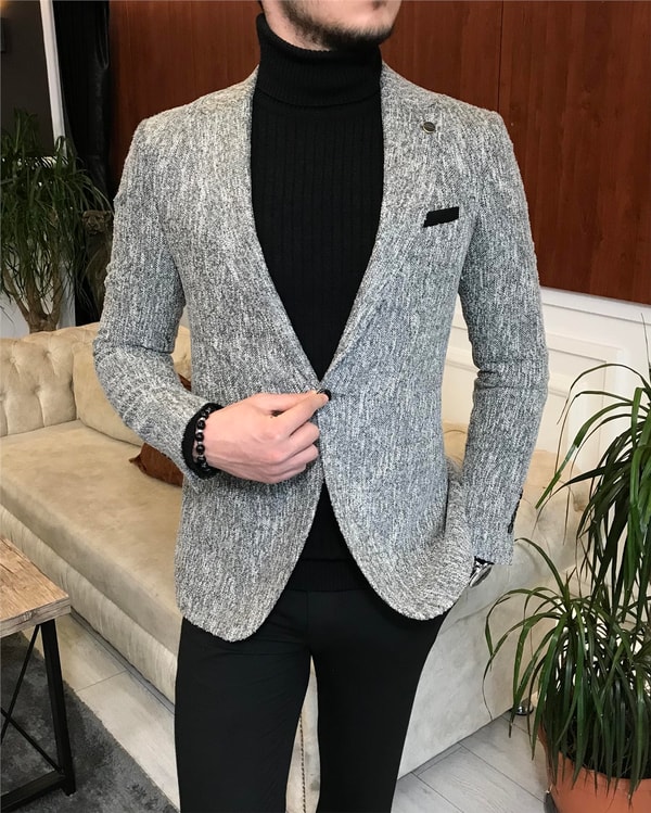 İtalyan stil slim fit erkek kışlık mono yaka tek ceket Gri T6510 · 9