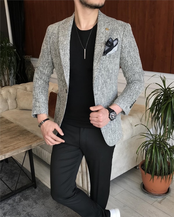 İtalyan stil slim fit erkek kışlık mono yaka tek ceket Gri T6510 · 4
