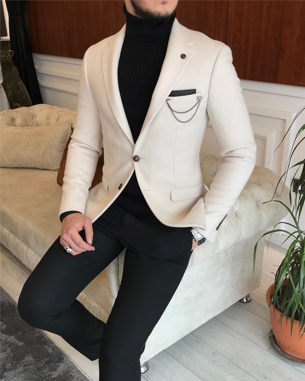 İtalyan stil slim fit erkek kışlık mono yaka tek ceket Bej T6477 · 3