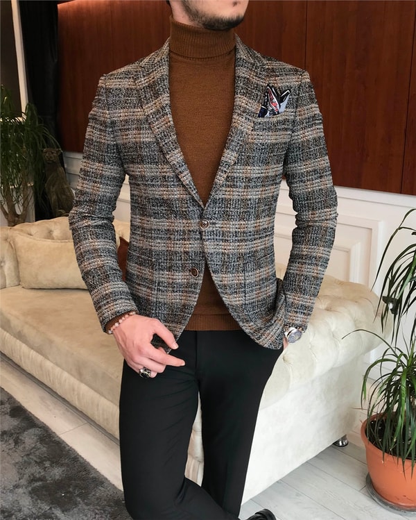 İtalyan stil slim fit erkek kışlık mono yaka tek ceket Gri T6542