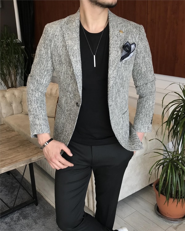 İtalyan stil slim fit erkek kışlık mono yaka tek ceket Gri T6510 · 5