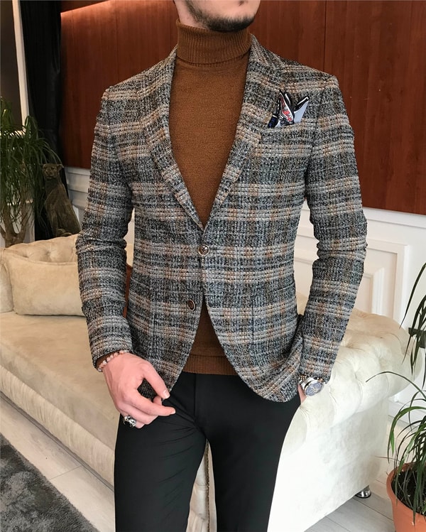 İtalyan stil slim fit erkek kışlık mono yaka tek ceket Gri T6542 · 2