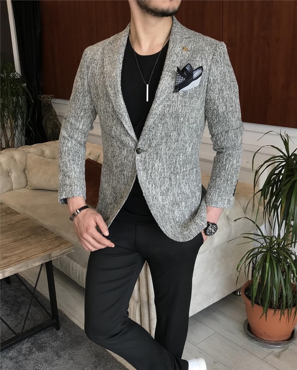 İtalyan stil slim fit erkek kışlık mono yaka tek ceket Gri T6510 · 2
