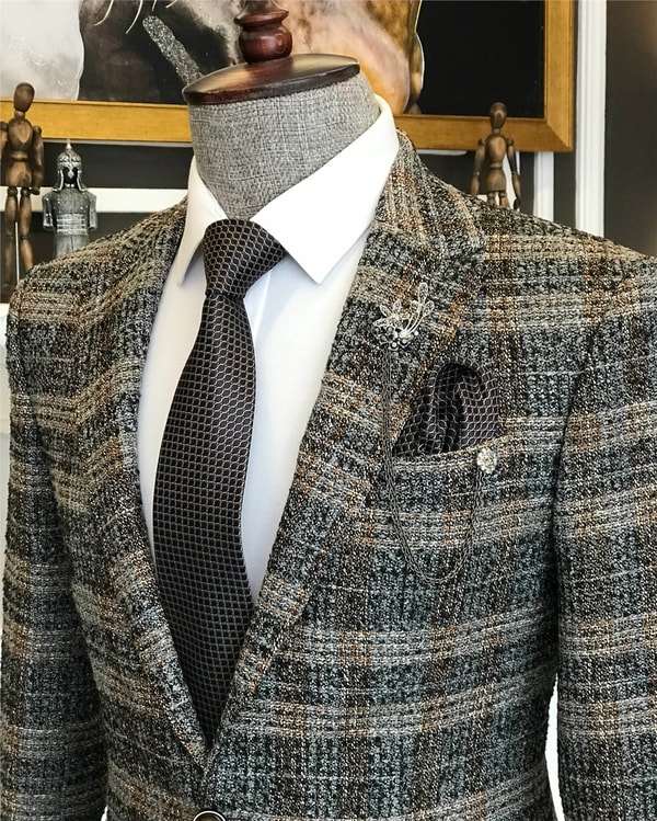 İtalyan stil slim fit erkek kışlık mono yaka tek ceket Gri T6542 · 14