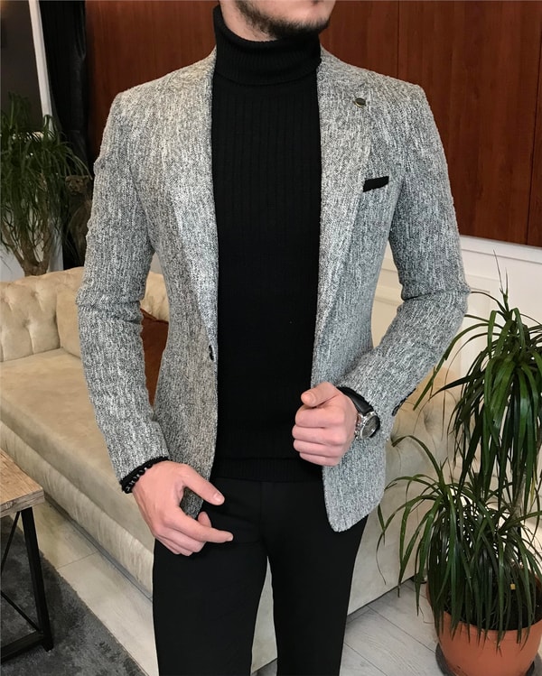 İtalyan stil slim fit erkek kışlık mono yaka tek ceket Gri T6510 · 11