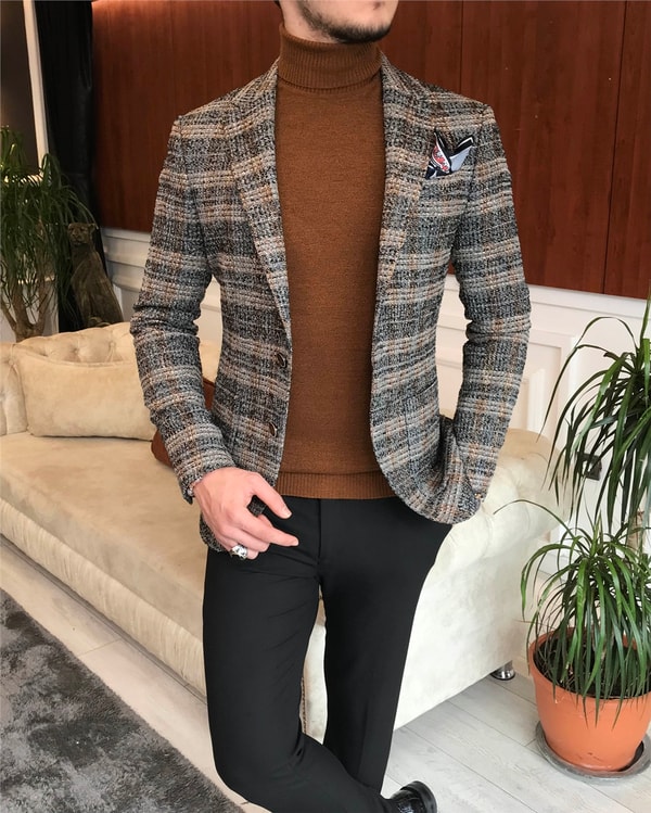 İtalyan stil slim fit erkek kışlık mono yaka tek ceket Gri T6542 · 4