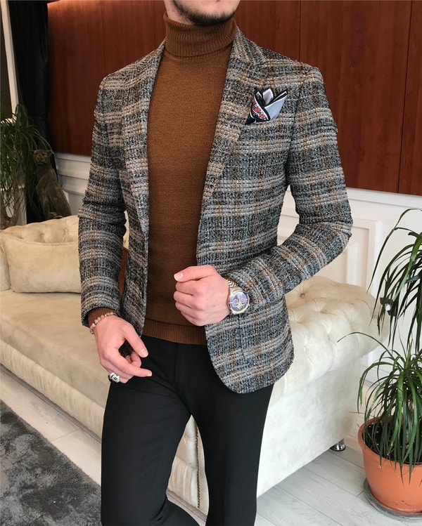 İtalyan stil slim fit erkek kışlık mono yaka tek ceket Gri T6542 · 6