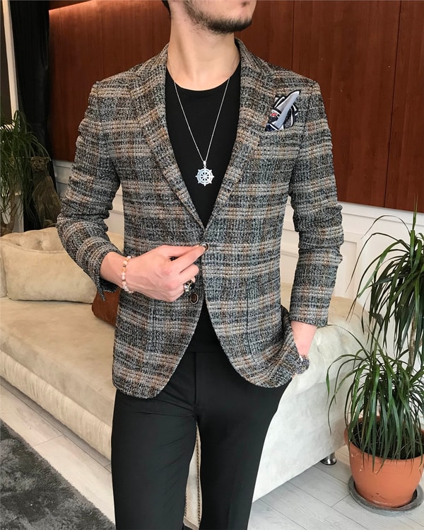 İtalyan stil slim fit erkek kışlık mono yaka tek ceket Gri T6542 · 8