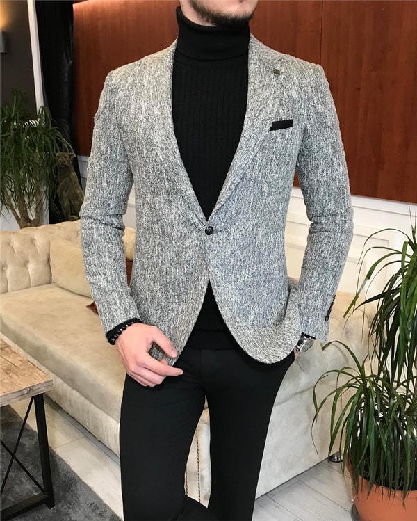 İtalyan stil slim fit erkek kışlık mono yaka tek ceket Gri T6510 · 7