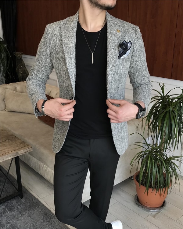 İtalyan stil slim fit erkek kışlık mono yaka tek ceket Gri T6510 · 3