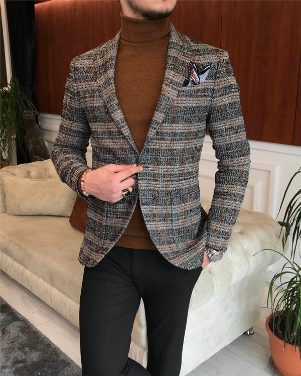 İtalyan stil slim fit erkek kışlık mono yaka tek ceket Gri T6542 · 3