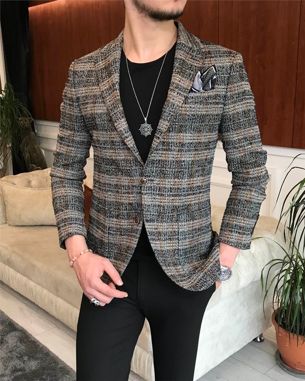 İtalyan stil slim fit erkek kışlık mono yaka tek ceket Gri T6542 · 10