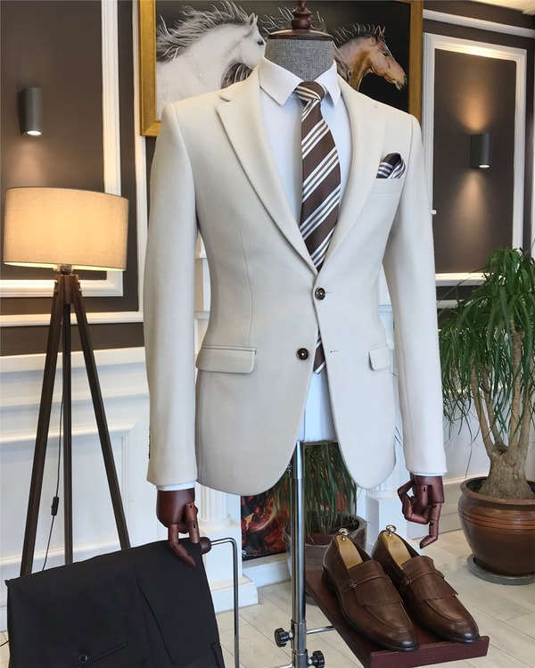 İtalyan stil slim fit erkek kışlık mono yaka tek ceket Bej T6477 · 4