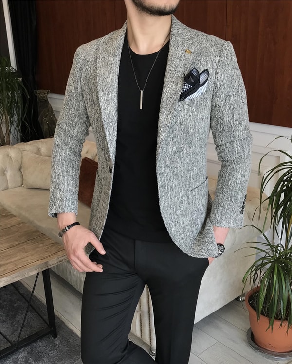 İtalyan stil slim fit erkek kışlık mono yaka tek ceket Gri T6510 · 6