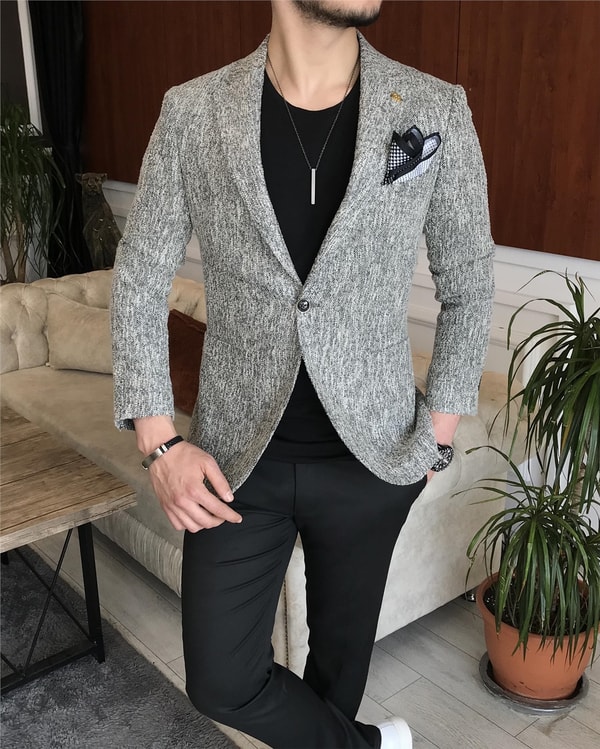 İtalyan stil slim fit erkek kışlık mono yaka tek ceket Gri T6510