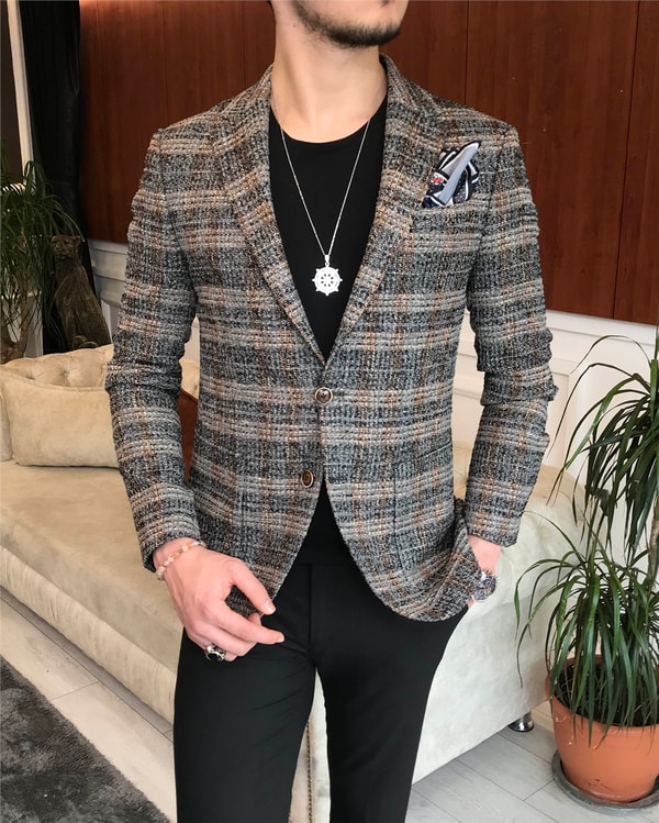 İtalyan stil slim fit erkek kışlık mono yaka tek ceket Gri T6542 · 7