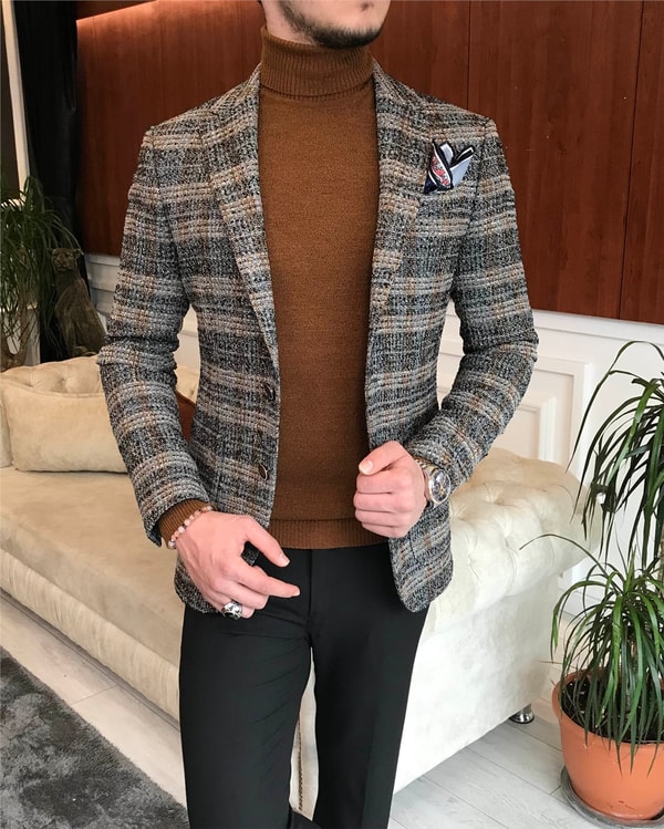 İtalyan stil slim fit erkek kışlık mono yaka tek ceket Gri T6542 · 5