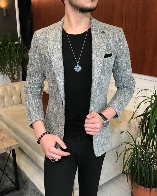 İtalyan stil slim fit erkek kışlık mono yaka tek ceket Gri T6510 · 16