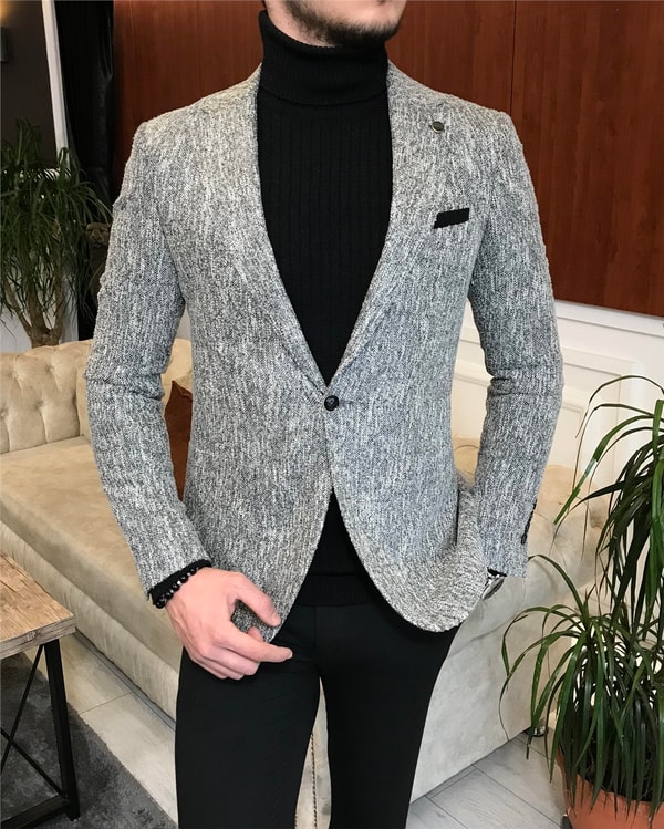 İtalyan stil slim fit erkek kışlık mono yaka tek ceket Gri T6510 · 8