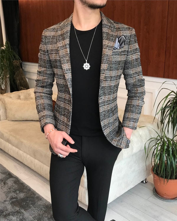 İtalyan stil slim fit erkek kışlık mono yaka tek ceket Gri T6542 · 11