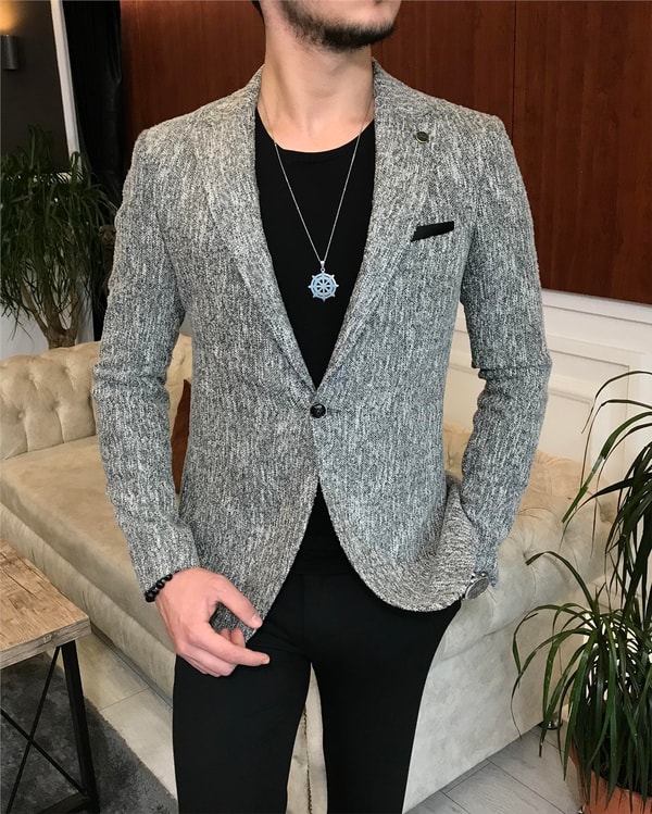 İtalyan stil slim fit erkek kışlık mono yaka tek ceket Gri T6510 · 13