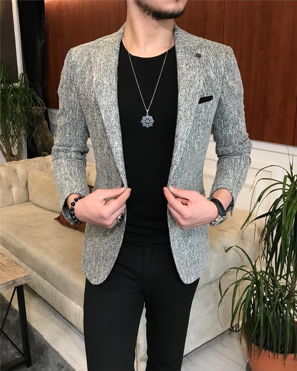İtalyan stil slim fit erkek kışlık mono yaka tek ceket Gri T6510 · 17
