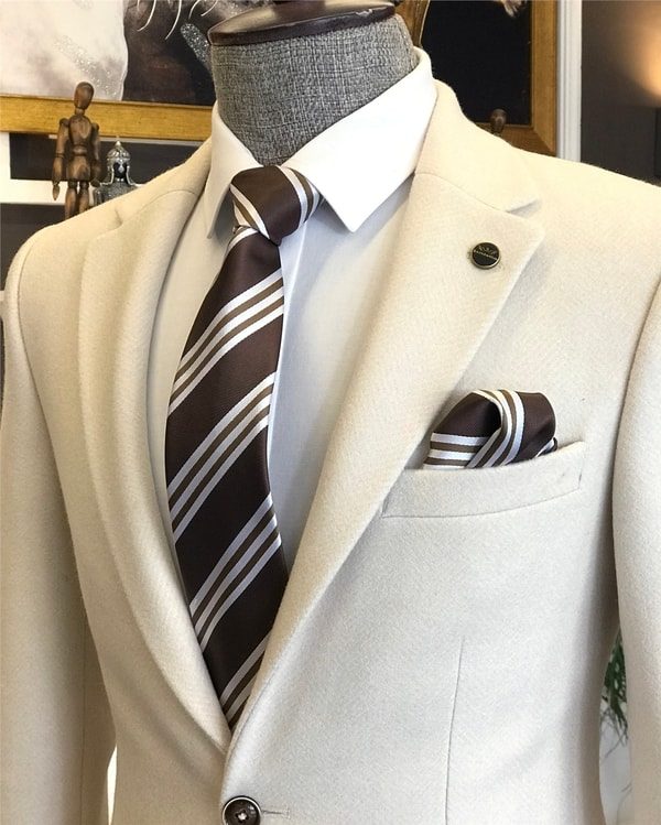 İtalyan stil slim fit erkek kışlık mono yaka tek ceket Bej T6477 · 6