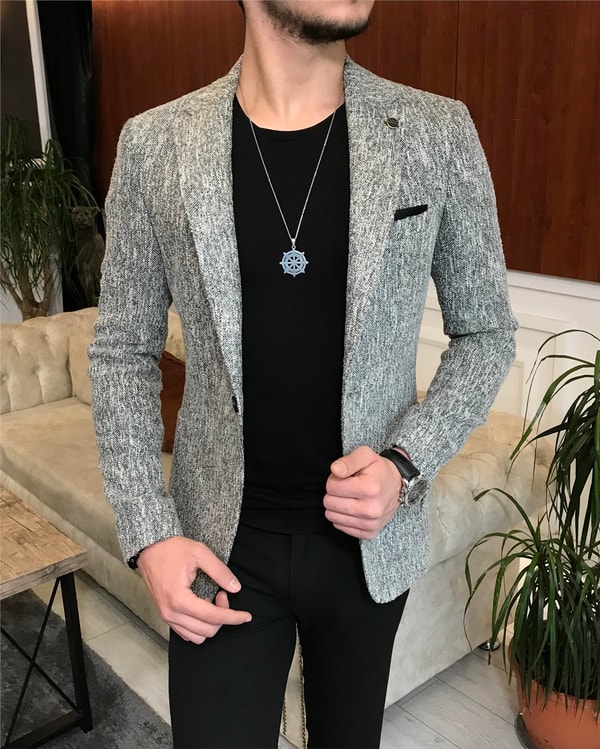 İtalyan stil slim fit erkek kışlık mono yaka tek ceket Gri T6510 · 15