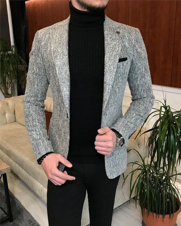 İtalyan stil slim fit erkek kışlık mono yaka tek ceket Gri T6510 · 12