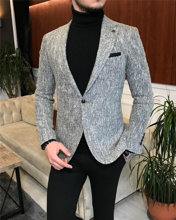 İtalyan stil slim fit erkek kışlık mono yaka tek ceket Gri T6510 · 10