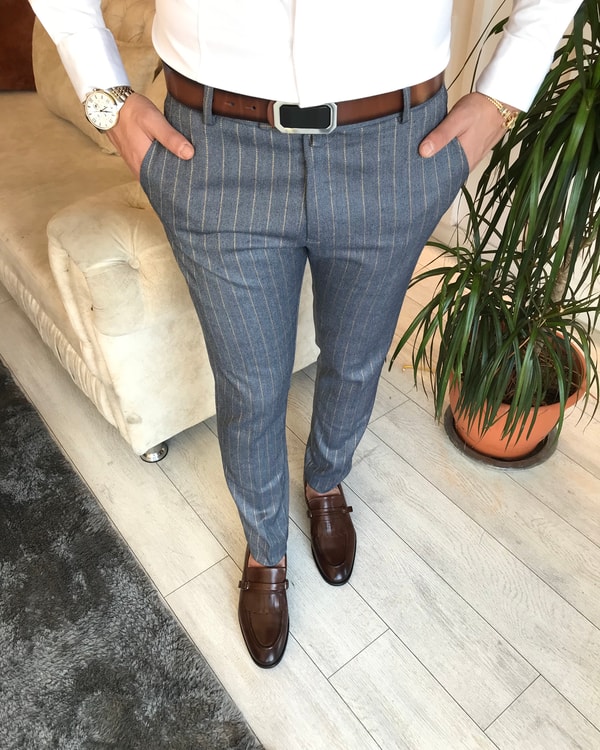 slim fit   pantolon çizgili Mavi T6180 · 4