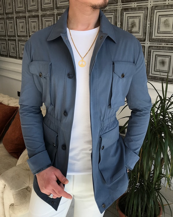 İtalyan stil slim fit erkek  mevsimlik safari ceket Petrol T5441 · 4