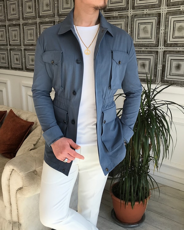 İtalyan stil slim fit erkek  mevsimlik safari ceket Petrol T5441 · 3