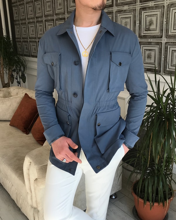 İtalyan stil slim fit erkek  mevsimlik safari ceket Petrol T5441 · 2