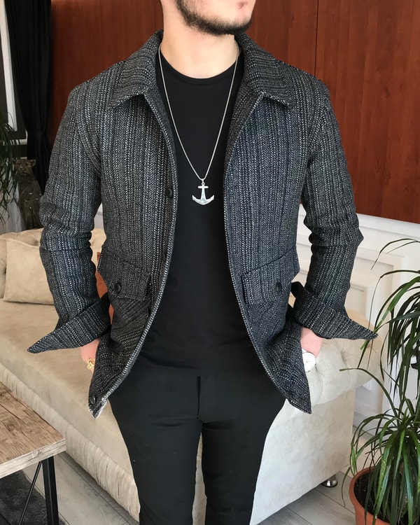İtalyan stil slim fit erkek yün mont ceket Antrasit T6839 · 3