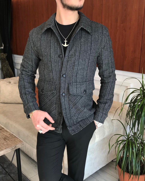 İtalyan stil slim fit erkek yün mont ceket Antrasit T6839