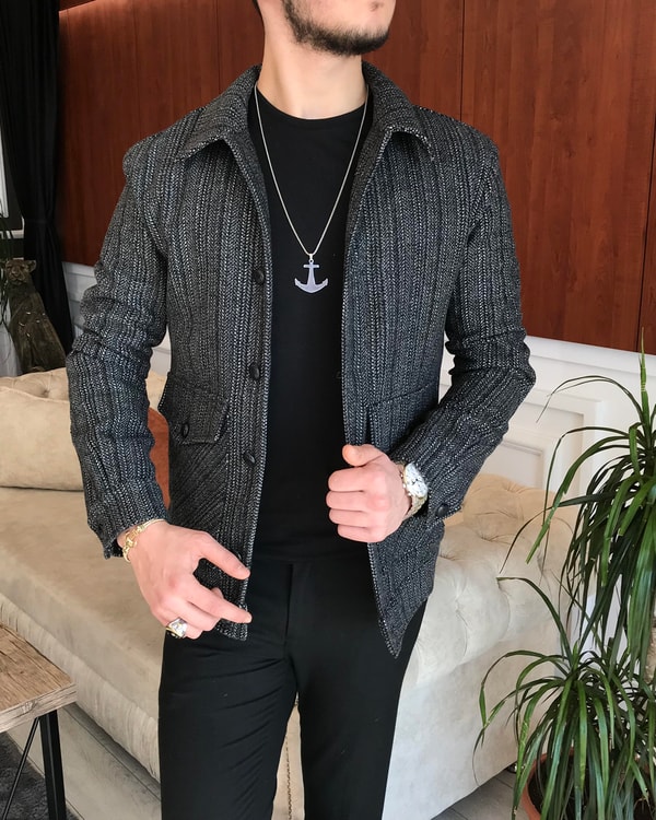 İtalyan stil slim fit erkek yün mont ceket Antrasit T6839 · 2