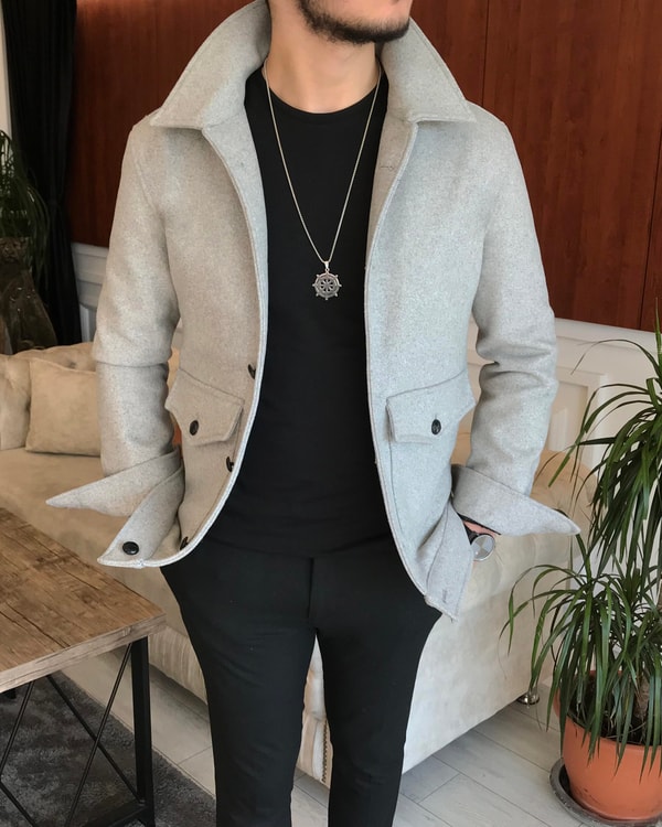 İtalyan stil slim fit erkek yün mont ceket gri T6750 · 3