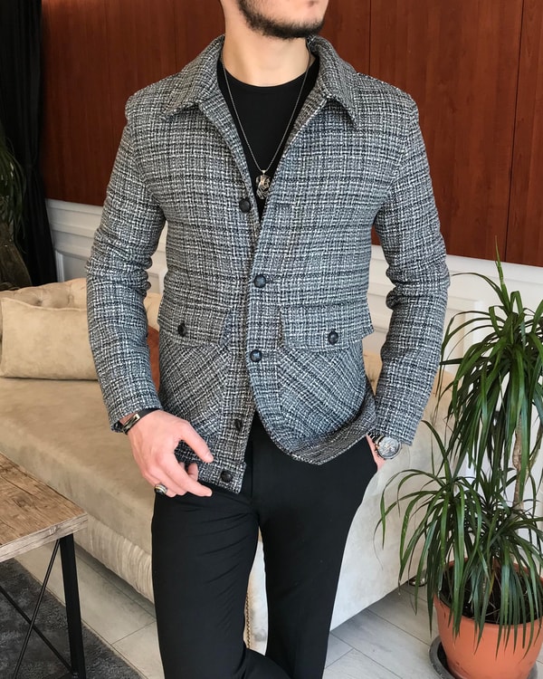 İtalyan stil slim fit erkek yün mont ceket Gri T6840